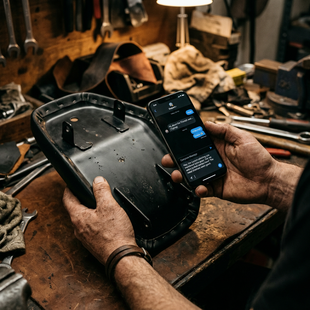 Hands holding a phone and a motorcycle seat while sending an inquiry