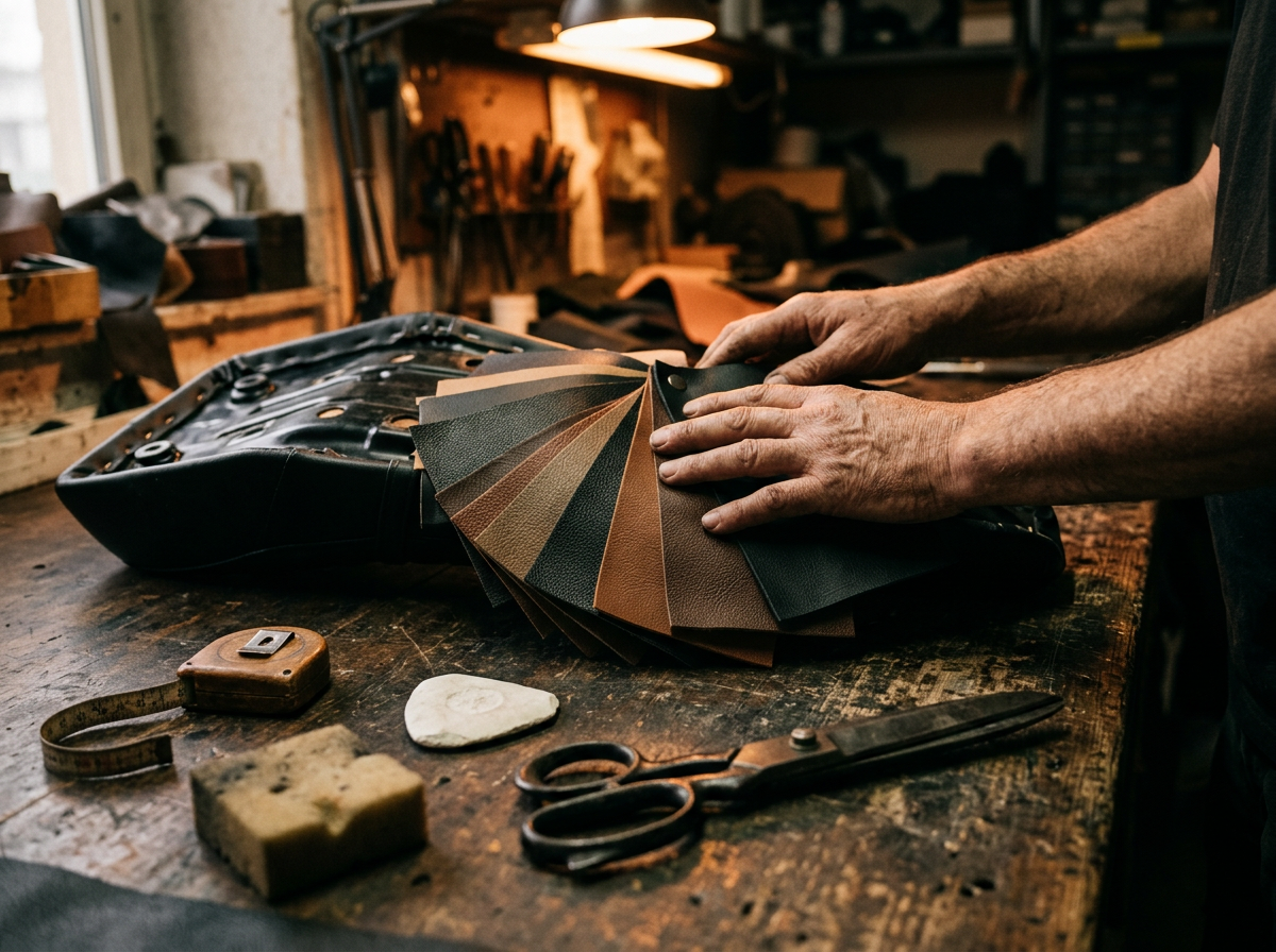 Hands comparing leather and vinyl swatches against a seat pan