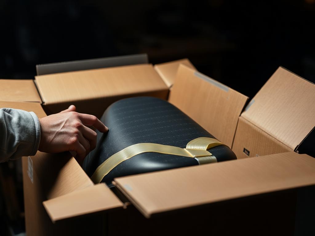 Hands packing a motorcycle seat into a shipping box