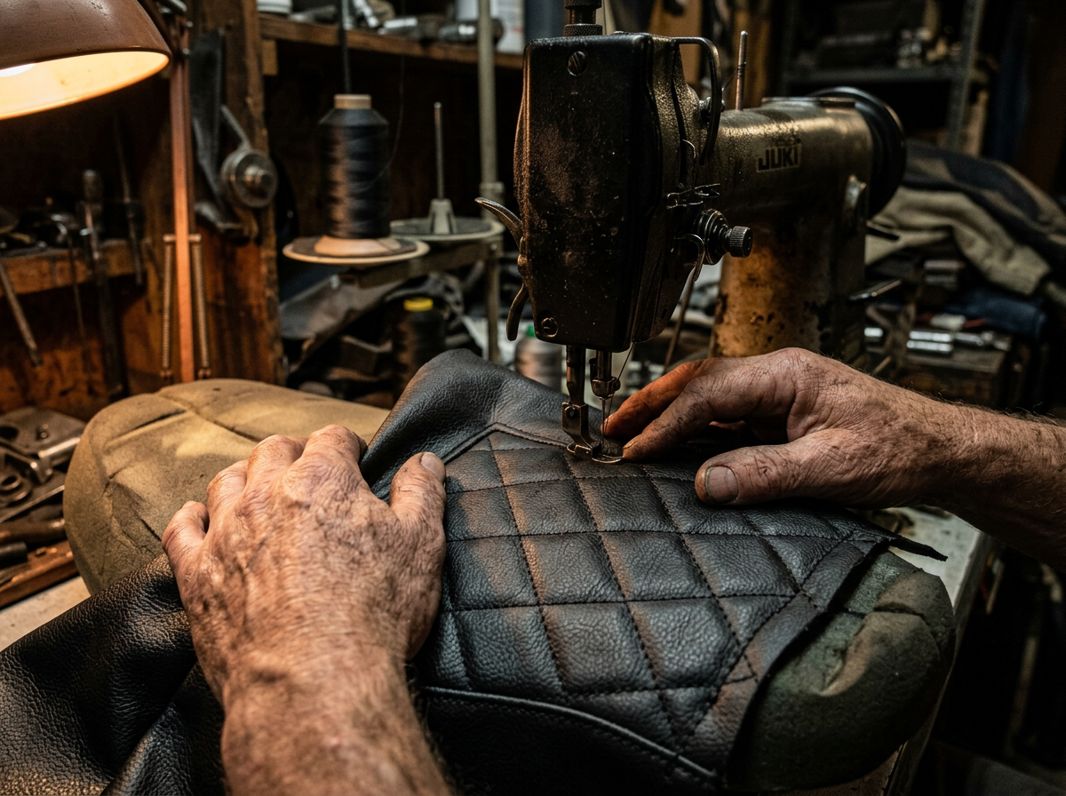 Hands stitching black leather on a motorcycle seat at a sewing machine