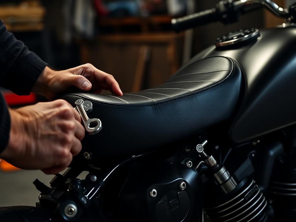 Hands bolting a finished custom seat onto a motorcycle frame